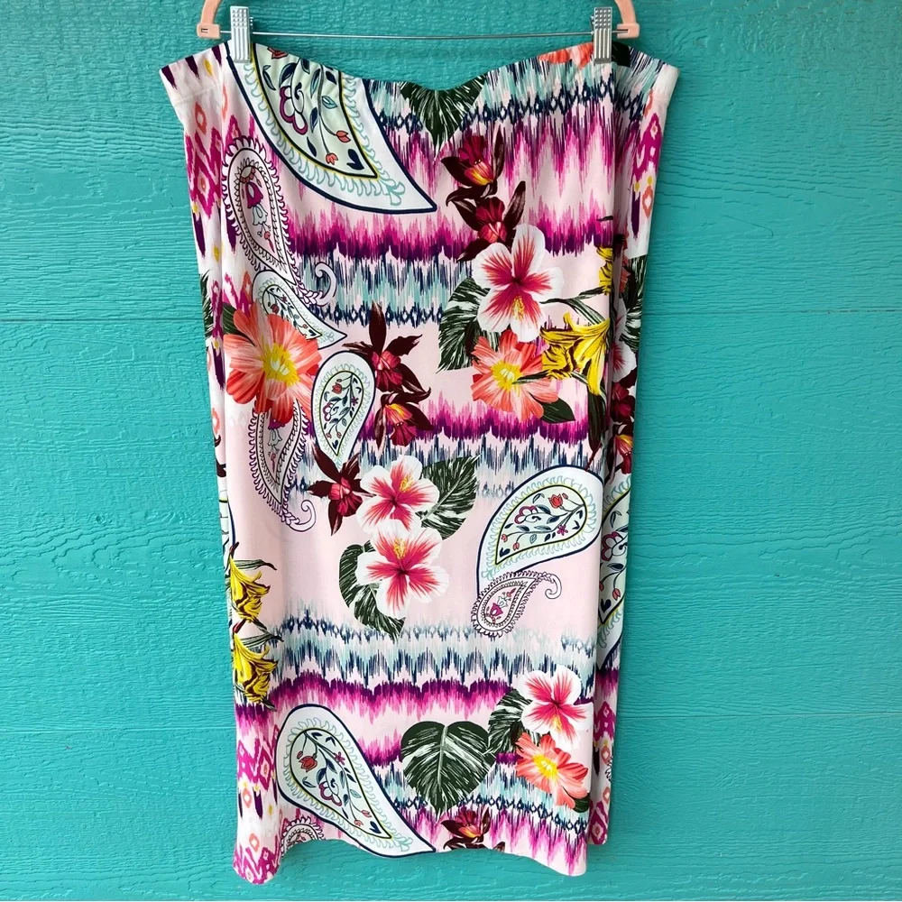 CHICO’S FLOWY TROPICAL FLORAL SUMMER LONG SKIRT ELASTIC WAISTBAND SIZE XXL